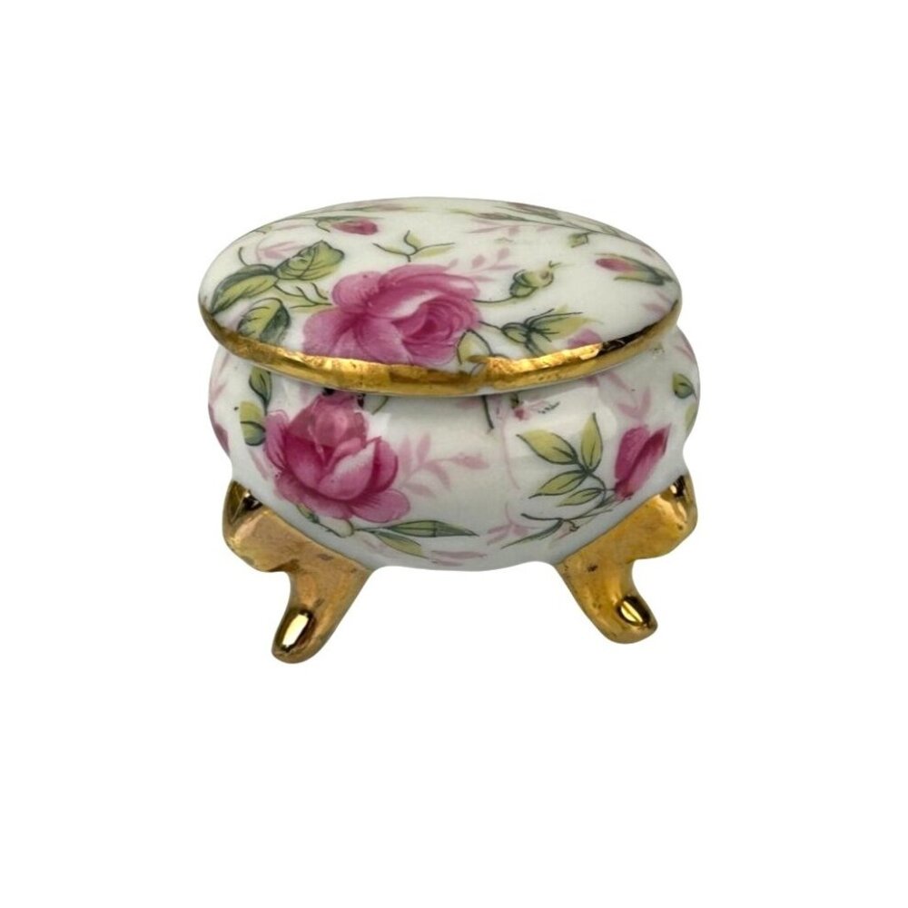 Vintage Made in Japan Small Footed Trinket Box Floral Rose Gold Border Painted